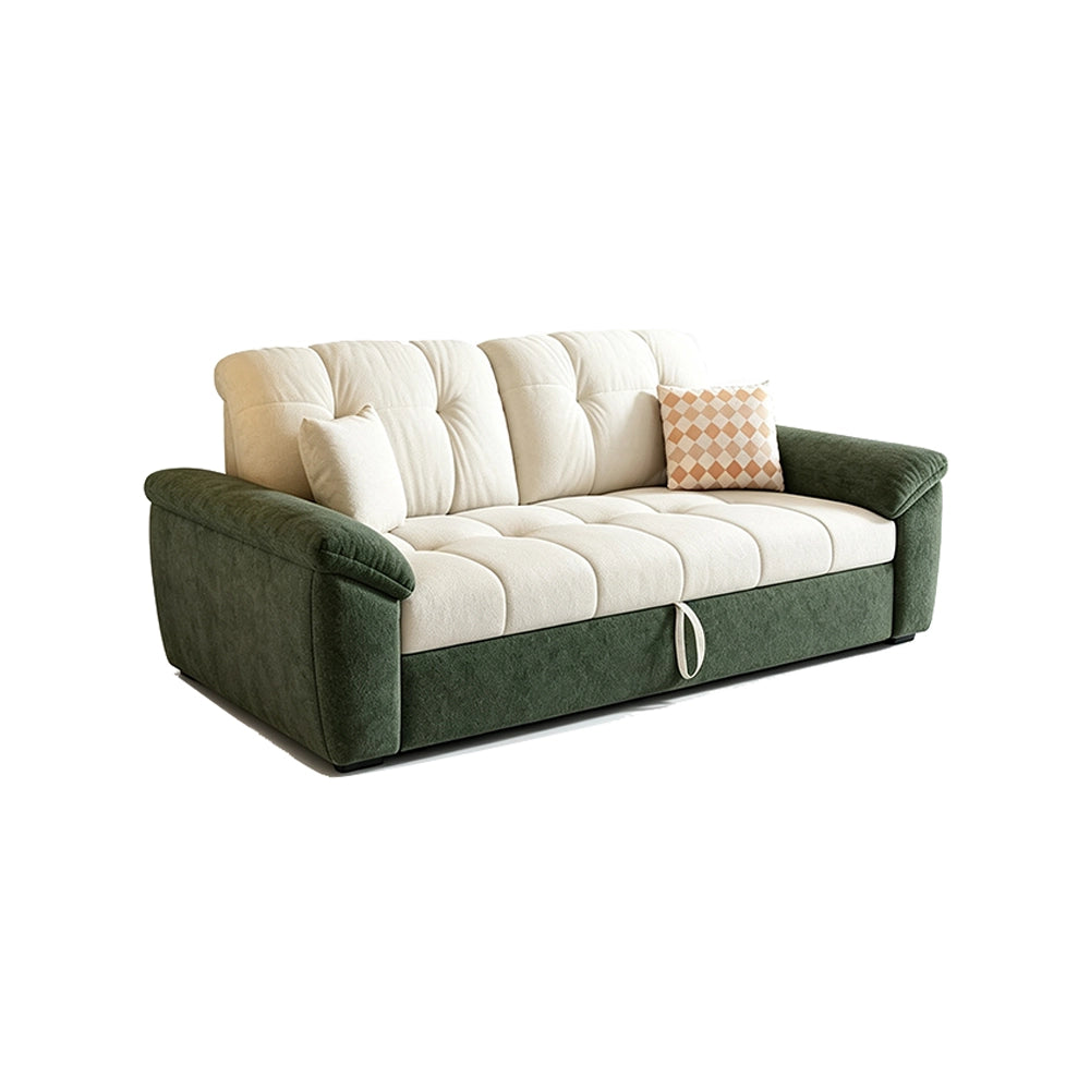 Green and cream pull-out sofa bed in sofa form on a white background.