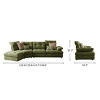 Front and side dimension diagram of the green tufted curved sectional sofa.
