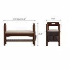 Front and side dimension diagram of the shoe bench with handhold arms and a hanging side organizer.