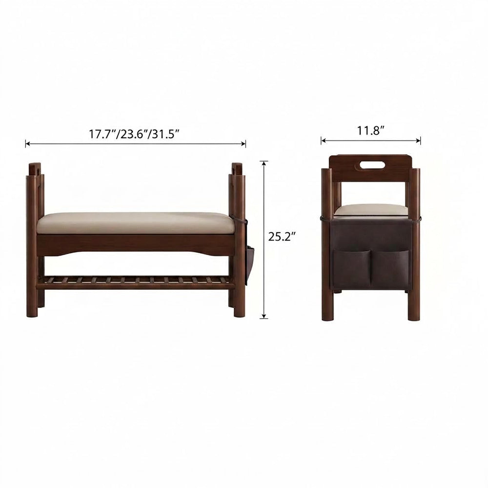 Front and side dimension diagram of the shoe bench with handhold arms and a hanging side organizer.