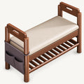 Cream-cushioned brown shoe bench with handhold arms, a slatted lower rack and side pockets.