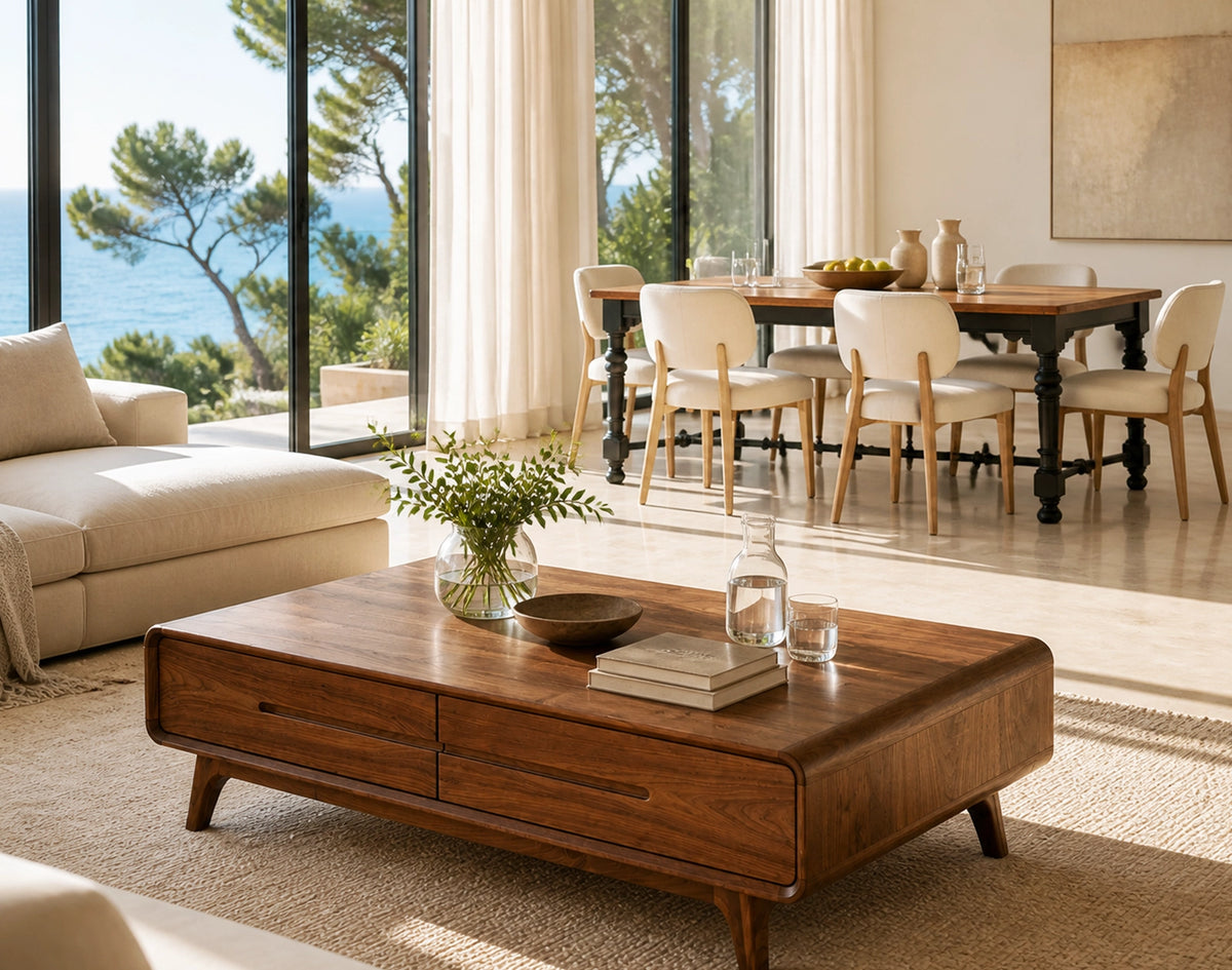 Bright living room with a brown drawer coffee table, cream sofa and dining area beside garden-facing windows.