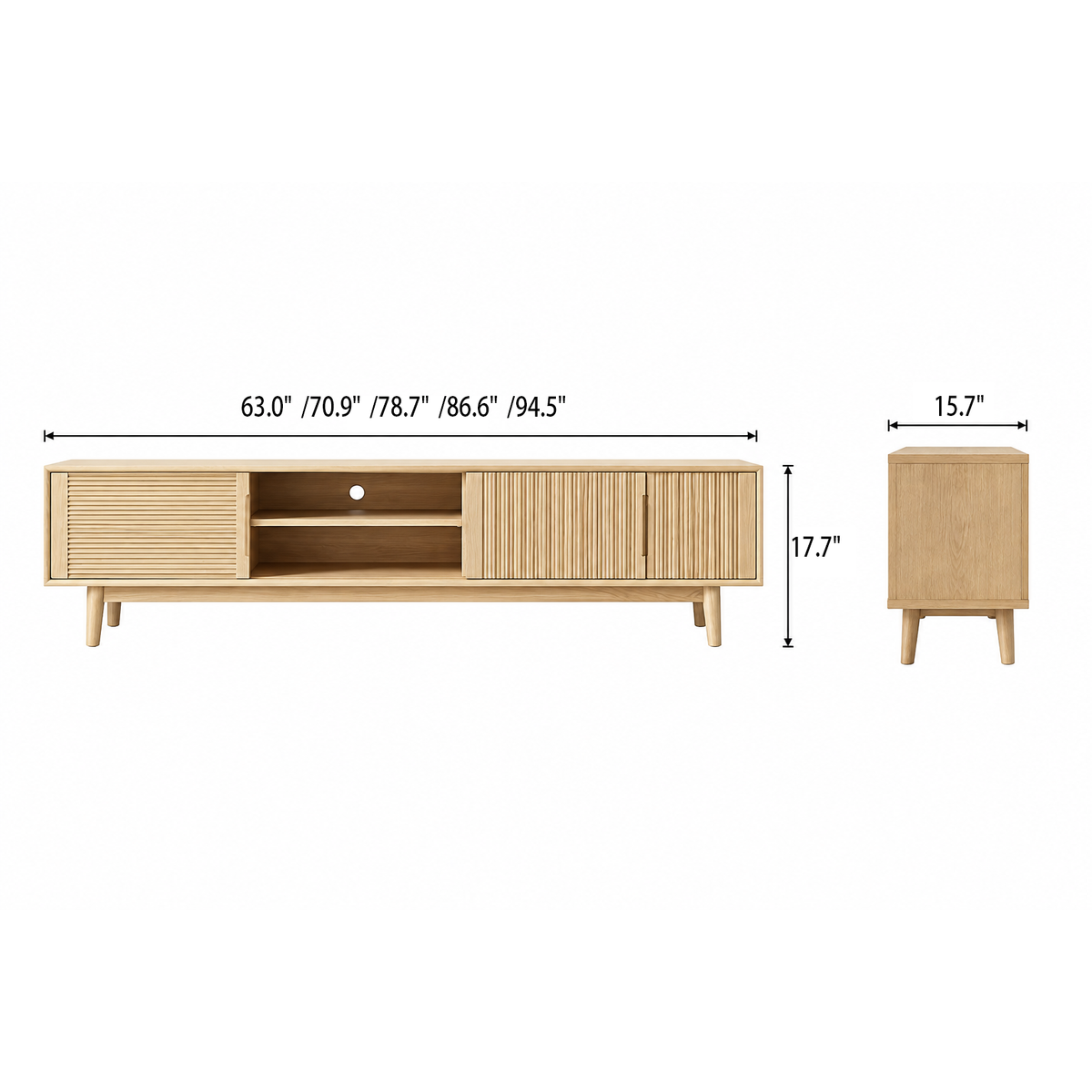 Front and side dimension diagram of the light media console with fluted doors and open shelves.