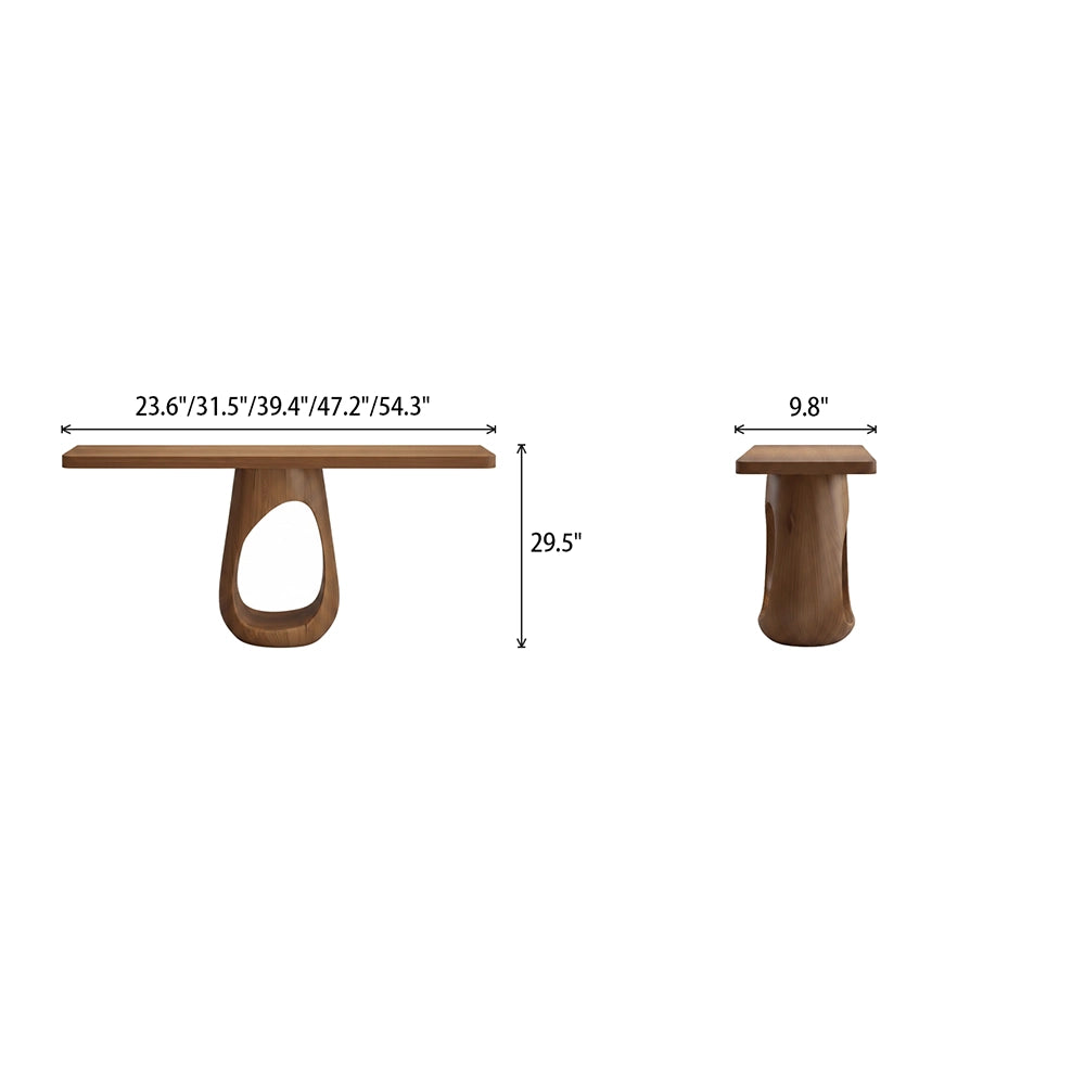 Front and side dimension diagram of the loop-base console table, with five width options and height and depth labels.