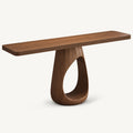 Brown wood-tone console table with a long rounded-edge top and a single sculptural loop pedestal.