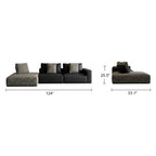 Front and side dimension diagram of the dark modular sofa with a gray textured chaise.