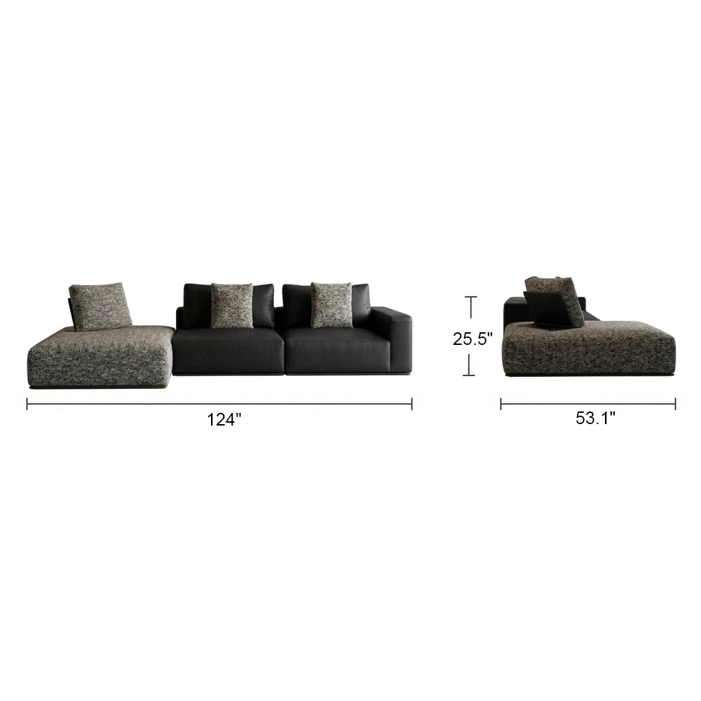 Front and side dimension diagram of the dark modular sofa with a gray textured chaise.