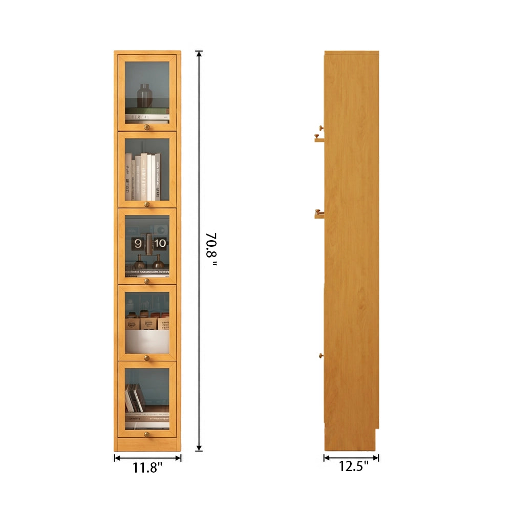 Front and side dimension diagram of the tall narrow glass-door bookcase.