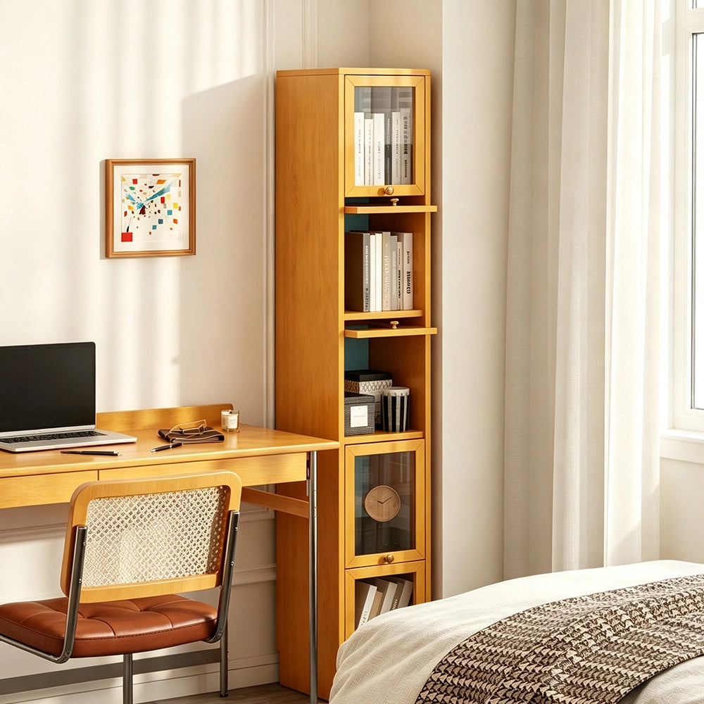 Opposite room view of the narrow bookcase beside a matching desk and window.