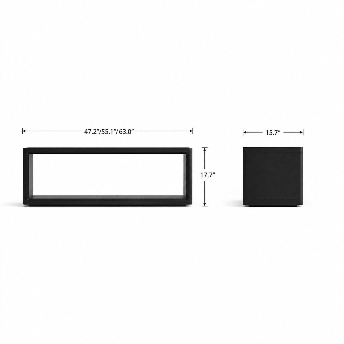 Dimension diagram of the black rectangular open-frame storage bench.