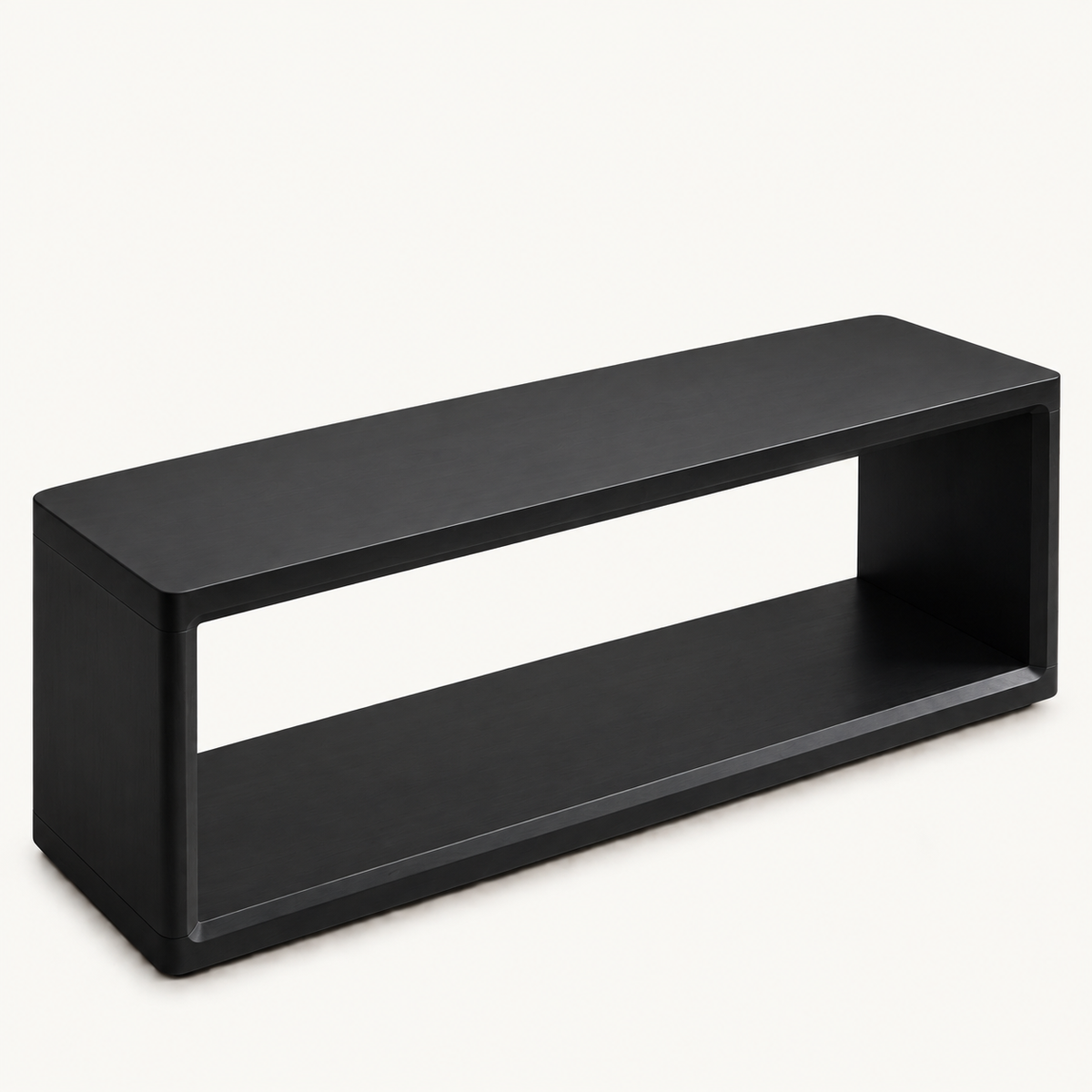 Black rectangular bench with thick rounded frame edges and an open lower shelf on a white background.