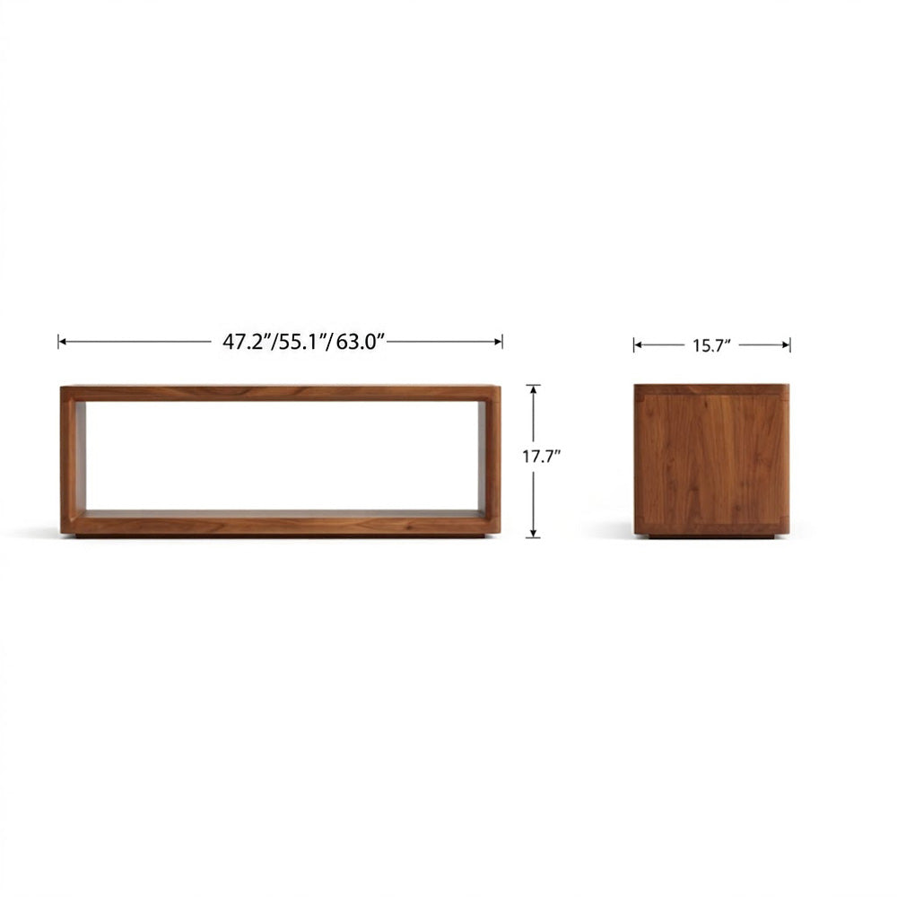 Dimension diagram of the brown rectangular open-frame storage bench.