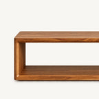 Close-up of the brown bench's front frame corner and open shelf.