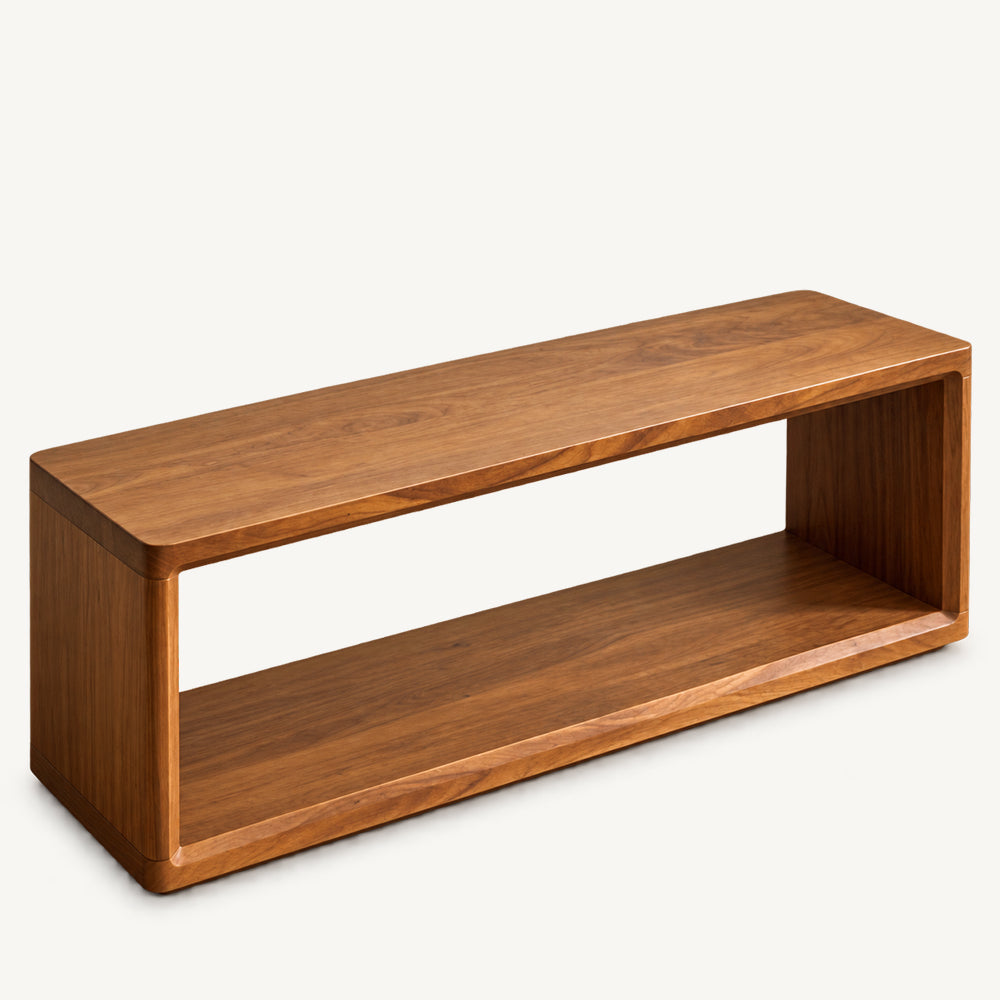 Brown rectangular bench with thick rounded frame edges and an open lower shelf on a white background.