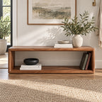 Front view of the brown open-frame bench with a long rectangular storage opening.