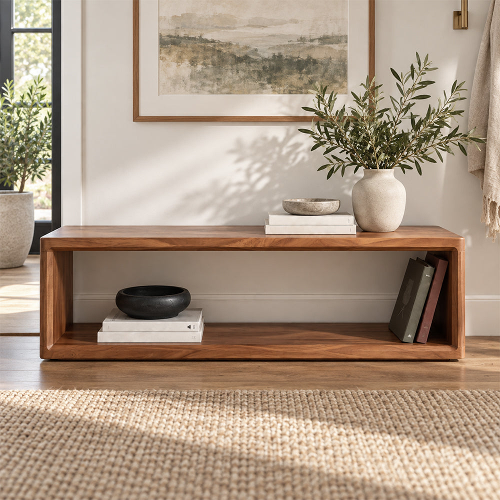 Front view of the brown open-frame bench with a long rectangular storage opening.