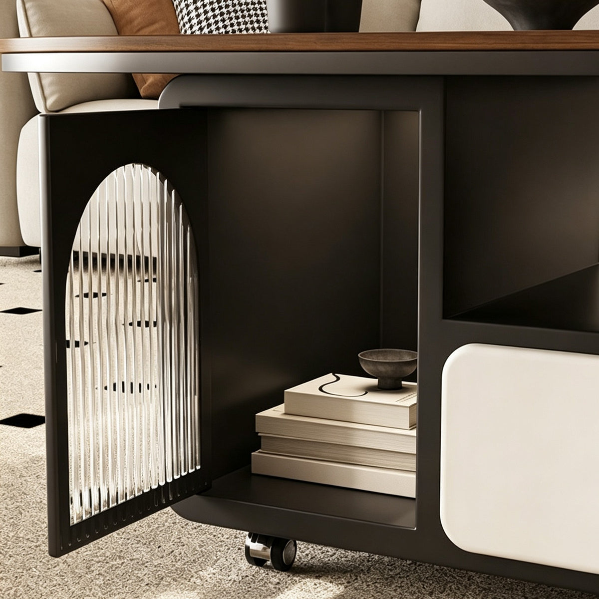 Close-up of the coffee table's open arched ribbed-glass cabinet door and storage compartment.