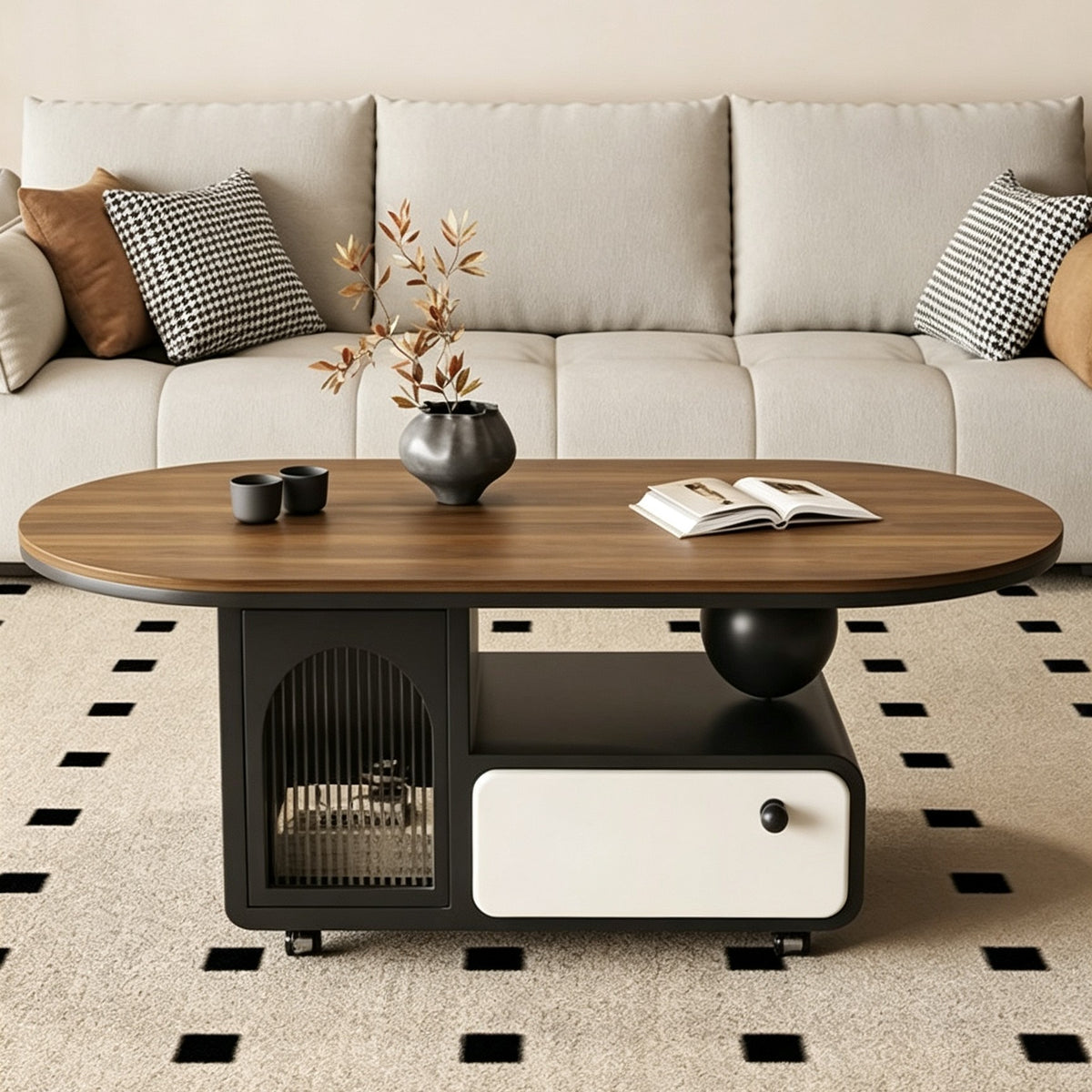 Oval brown-top coffee table with a dark storage base, arched glass door, cream drawer and ball support.