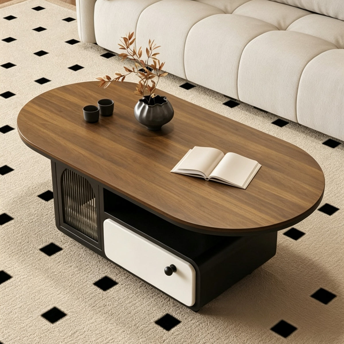Overhead angled view of the oval brown tabletop above a dark cabinet and cream drawer.