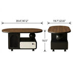 Front and end dimension diagram of the oval coffee table with an arched glass cabinet and drawer.