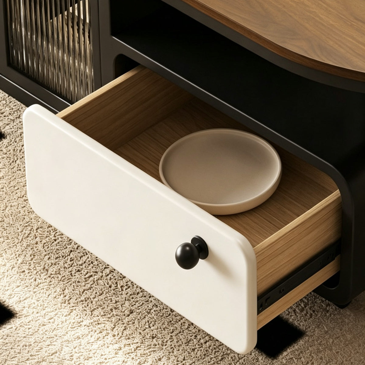 Close-up of the coffee table's cream-front drawer pulled open, showing its wood-tone interior.