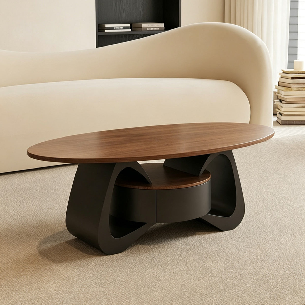 Unstyled oval brown-top coffee table with a dark curved base and central drawer.