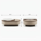 Front and end dimension diagram of the oval coffee table with a layered top and curved storage base.