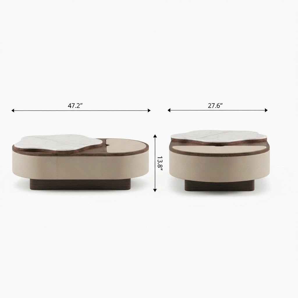 Front and end dimension diagram of the oval coffee table with a layered top and curved storage base.
