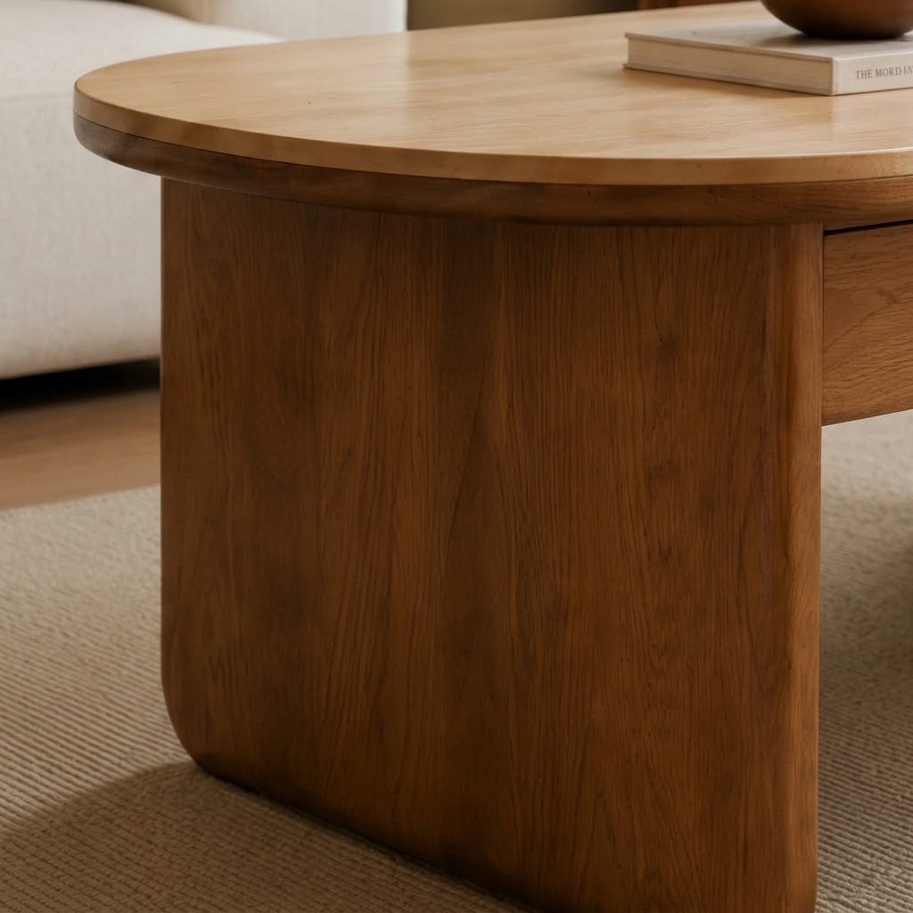 Close-up of the oval coffee table's rounded brown panel leg and projecting light tabletop.