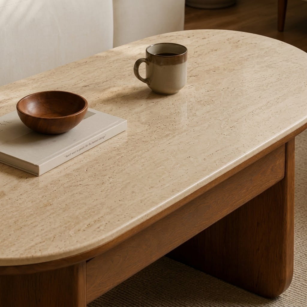 Detail of the coffee table's light patterned top, rounded edge, cup and bowl.