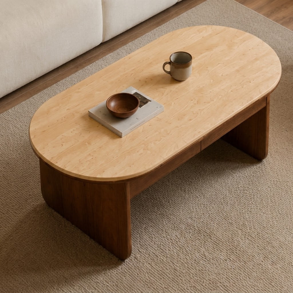 Overhead room view of the light-topped oval coffee table with broad brown panel legs.