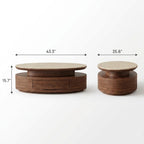 Front and end dimension diagram of the oval coffee table with a tiered base and drawer.