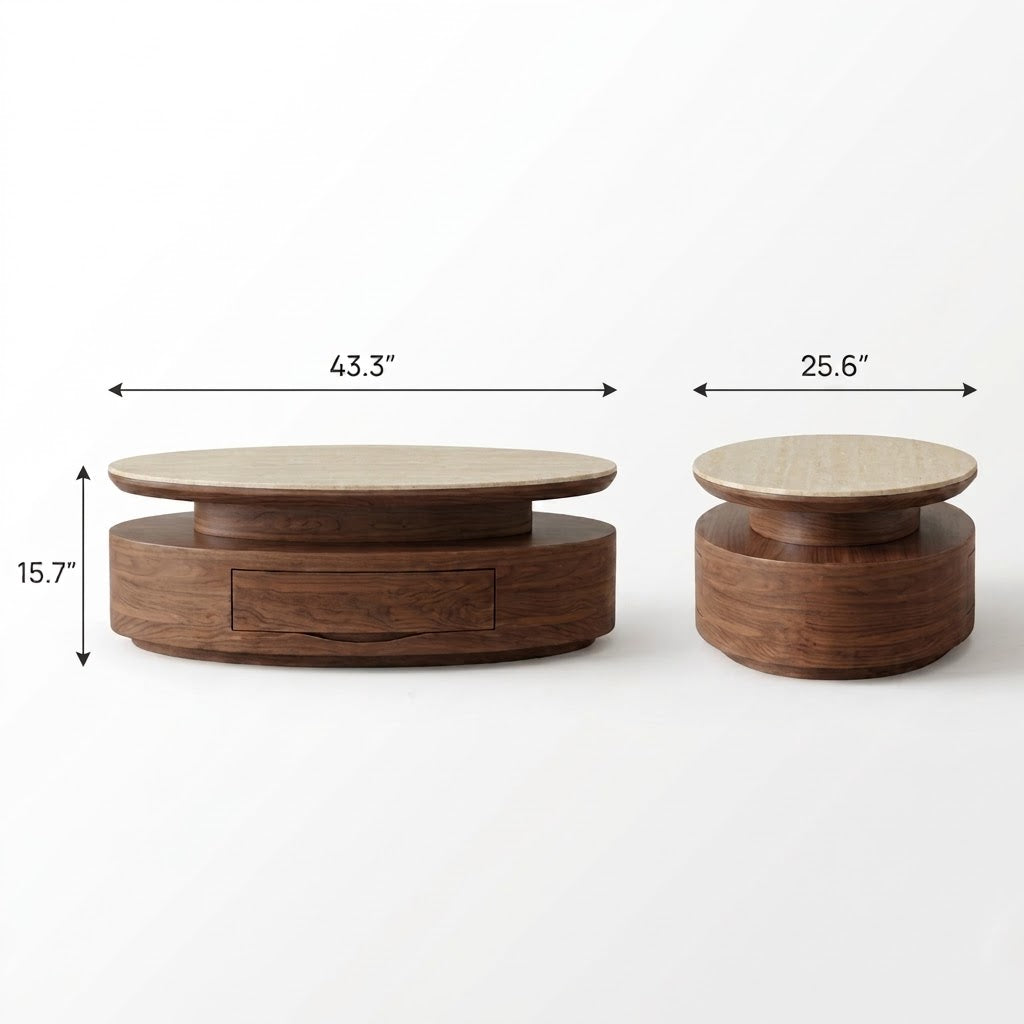 Front and end dimension diagram of the oval coffee table with a tiered base and drawer.
