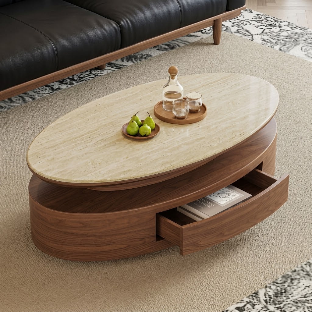 Oval coffee table with a light patterned top, tiered brown base and open drawer holding books.