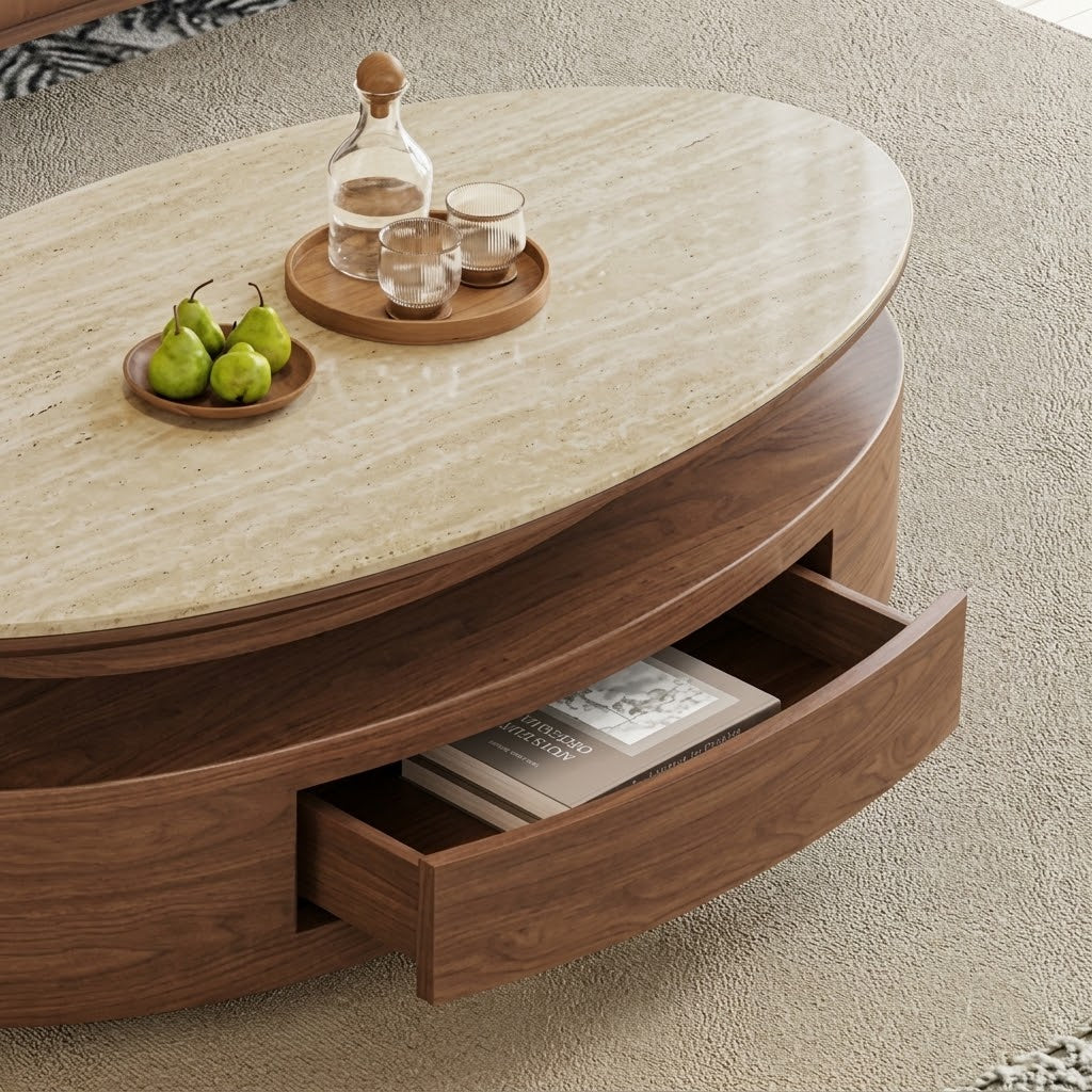 Close-up of the coffee table's open curved drawer beneath the light oval tabletop.