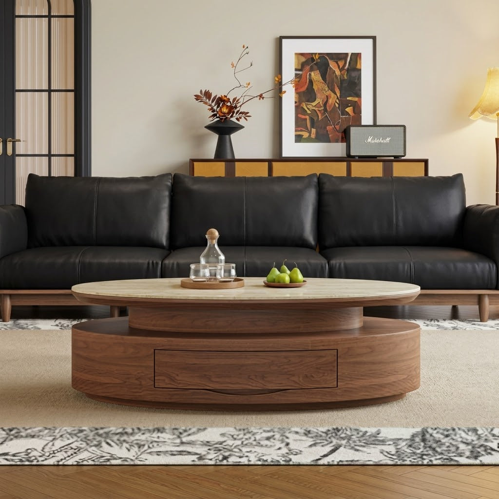 Front view of the oval coffee table showing its closed central drawer and tiered brown base.
