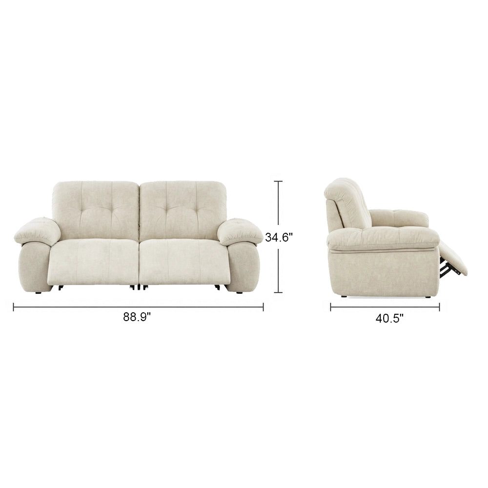 Front and side dimension diagram of the compact padded reclining sofa.