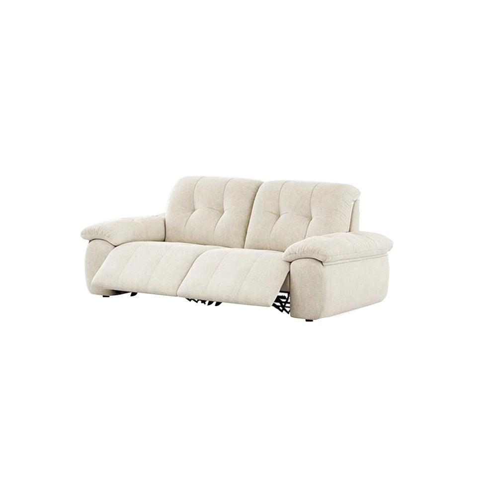 Compact cream reclining sofa with extended footrests on a white background.