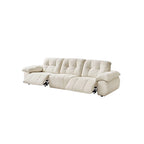 Wide cream reclining sofa with both outer footrests extended on a white background.