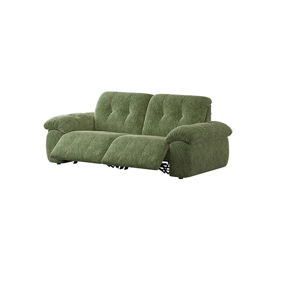 Compact green reclining sofa with extended footrests on a white background.