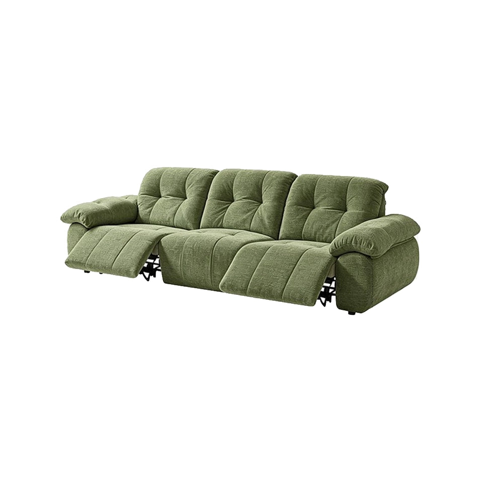 Wide green reclining sofa with both outer footrests extended on a white background.