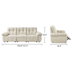 Front and side dimension diagram of the wide padded reclining sofa.