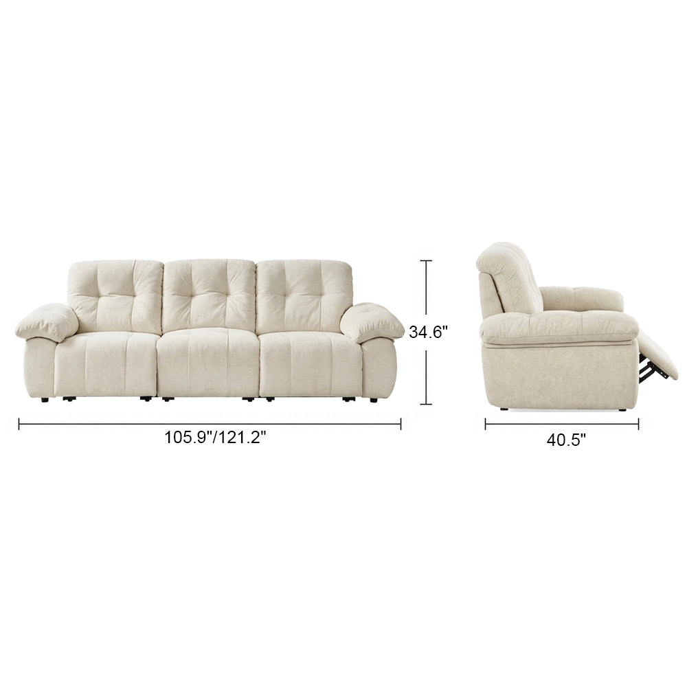 Front and side dimension diagram of the wide padded reclining sofa.
