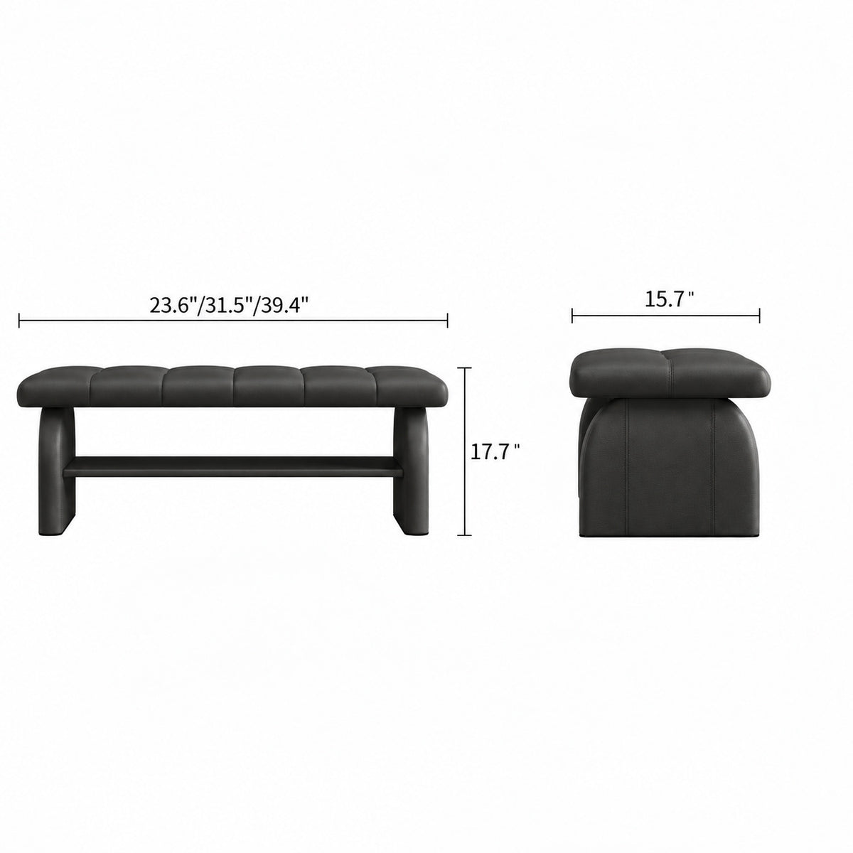 Front and side dimension diagram of the black upholstered shoe bench with an open lower shelf.