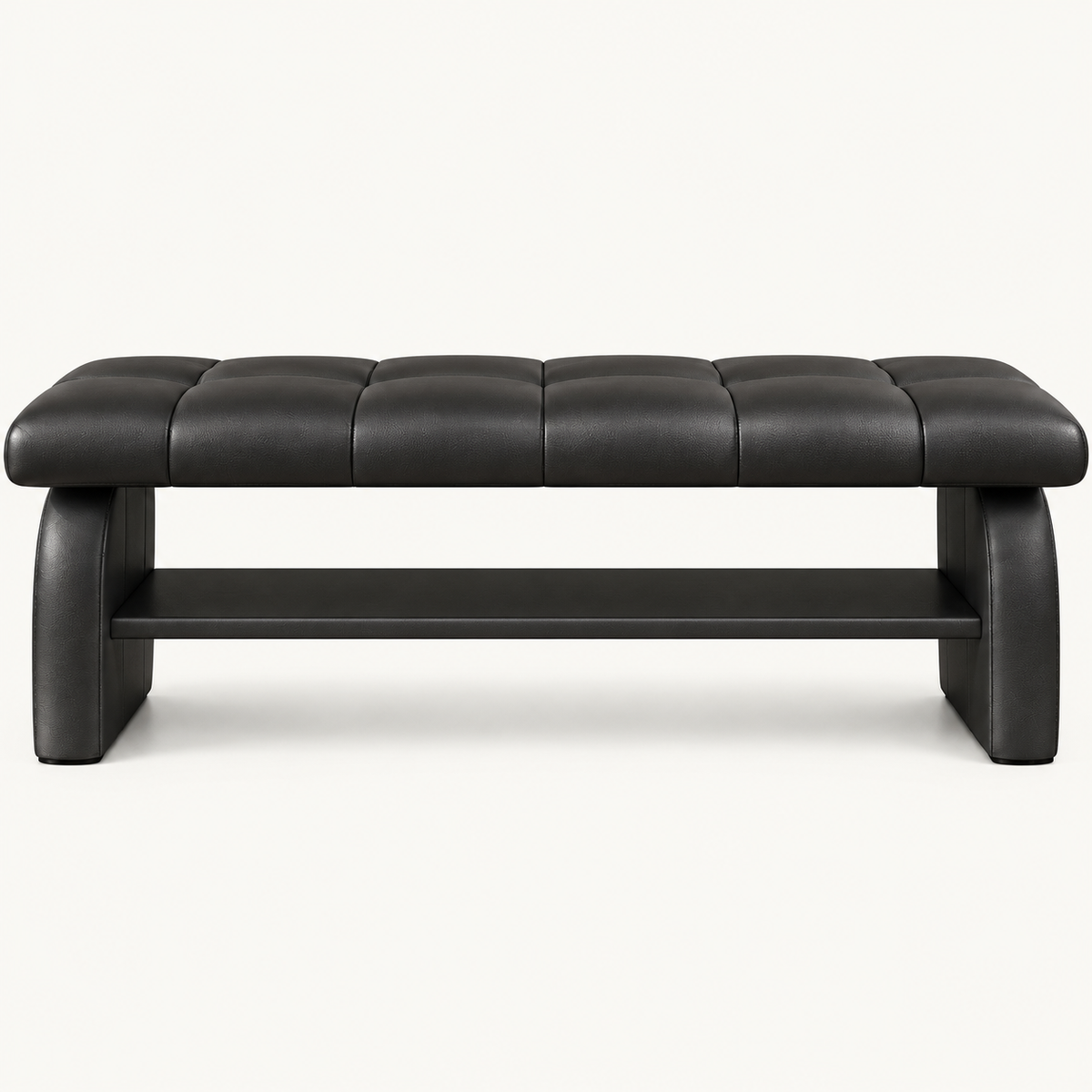 Front view of the black upholstered shoe bench showing its stitched seat, broad supports and empty lower shelf.