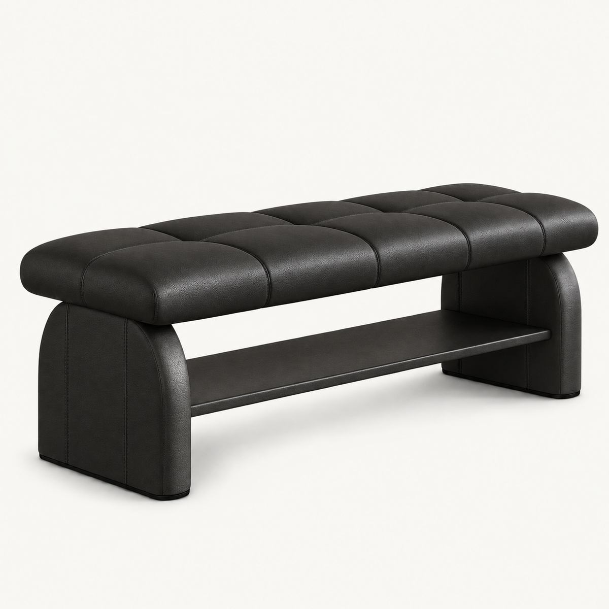 black upholstered bench with a rectangular stitched seat, rounded side supports and an open lower shelf.