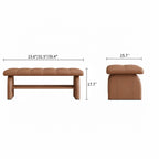 Front and side dimension diagram of the brown upholstered shoe bench with an open lower shelf.