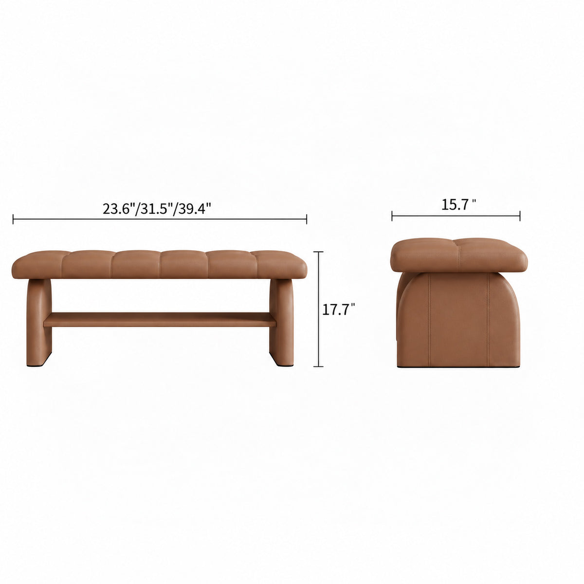 Front and side dimension diagram of the brown upholstered shoe bench with an open lower shelf.