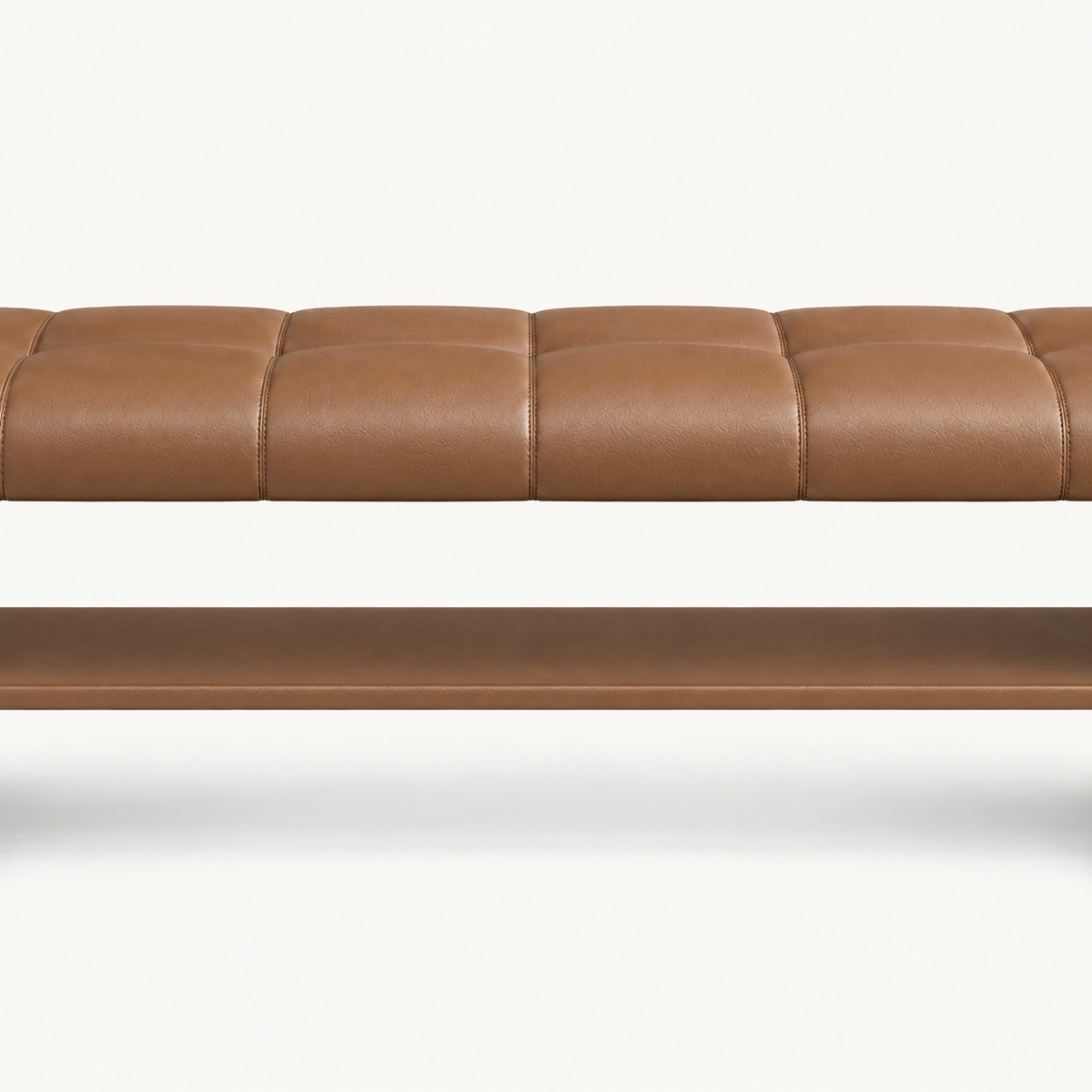 Front detail of the brown bench's stitched seat and long open shelf beneath it.