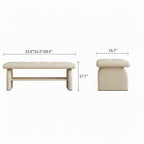 Front and side dimension diagram of the cream upholstered shoe bench with an open lower shelf.